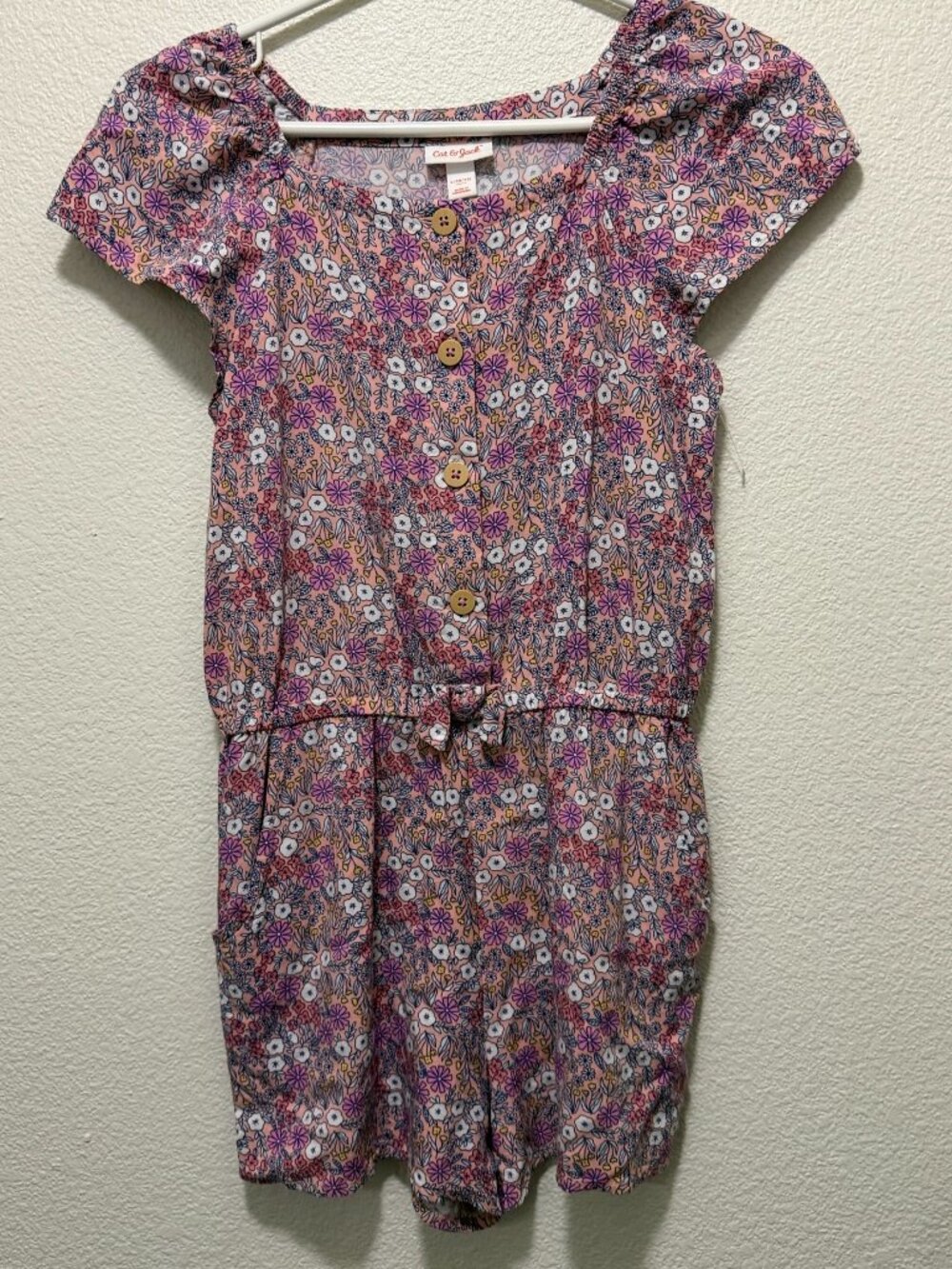 Cat & Jack pink floral shorts romper, capped sleeves, girl's size L (!0/12)